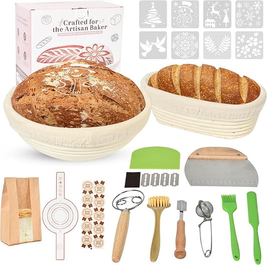 Banneton Bread Proofing Basket Set, 9" Round & 10" Oval Sourdough Bread Baking Supplies, Sourdough Starter Kit, Bread Making Tools Gift Set for Beginner Professional Bakers