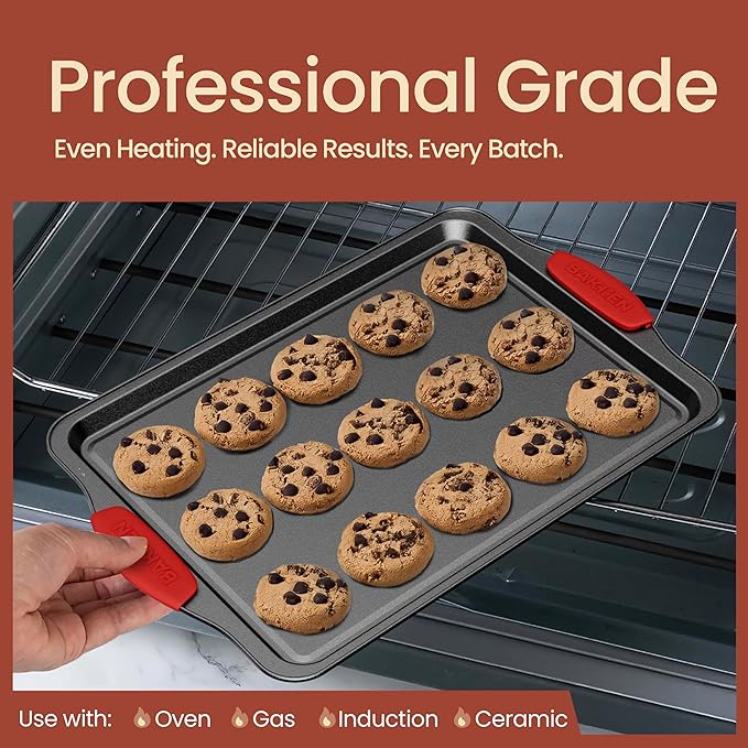 BAKKEN 8-Piece Kitchen Oven Baking Pans Set - Deluxe Nonstick Gray Marble Coating, Professional Grade Carbon Steel Bakeware with Silicone Handles - Oven, Dishwasher, and Freezer Safe