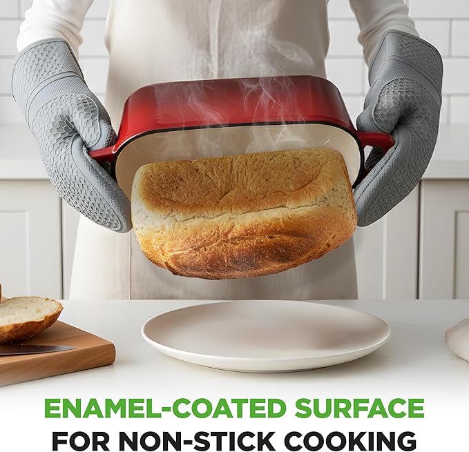 NutriChef 10" Enameled Cast Iron Bread Pan with Lid, Oval Loaf Dutch Oven with Silicone Gloves, Oven-Safe to 500°F, for Baking, Roasting, Stewing & More, Dishwasher Safe (Red)