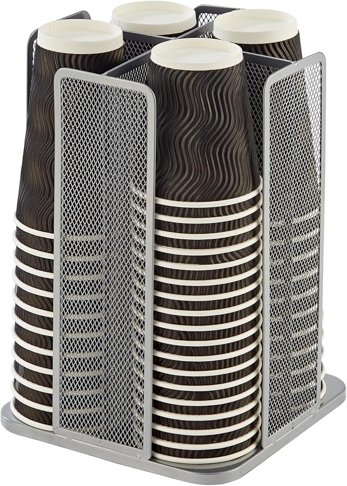 Annova Paper/Plastic Cup and Lid Holder Plastic Storage Organizer, 360°Rotating Coffee Mup Dispenser with 4 Compartments, Multifunctional Storage Rack for Home, Office, Bar, Coffee Shop (Silver)