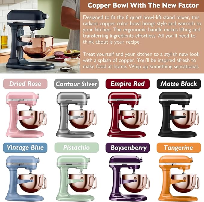 Copper Color Stainless Steel 6 Quart Mixing Bowl for Kitchen Aid Professional Bowl Lift Stand Mixer, Heavy Duty Extra Mixer Bowl fits KP26, KB26, Dishwasher Safe, Ergonomic Handle