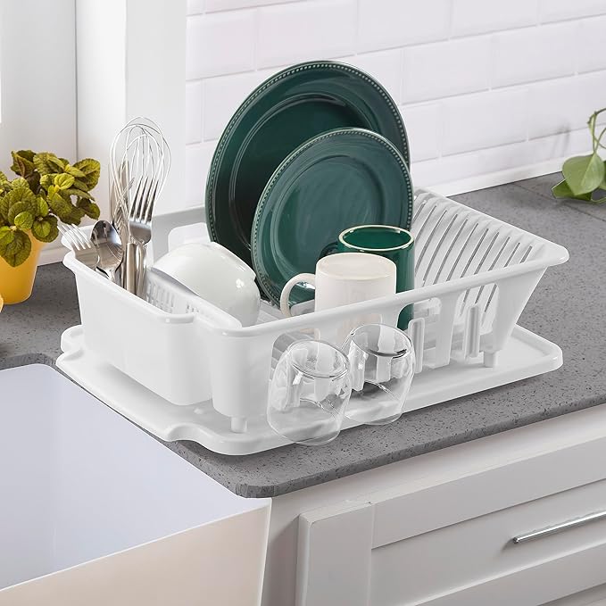 Sterilite Large 2 Piece Sink Set, with Drainboard for Drying, Holds Clean Dishes in the Kitchen such as Plates, Cups, and Silverware, White, 6-Pack