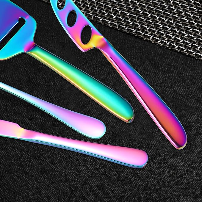 Rainbow Cheese Knives Silverware Set 8 Pieces include Dinning Knife Fork Spoon Stainless Steel Kitchen Gadget Tool Baking Utensils Multifunctional Durable for Daily Use and Parties