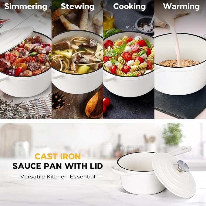 Onader 1QT & 2QT Saucepan Set with Lid, Enameled Cast Iron Small Pot Sets for Cooking, Nonstick Enameled Sauce Pan Dutch Oven, Induction Compatible, Heavy Duty – White