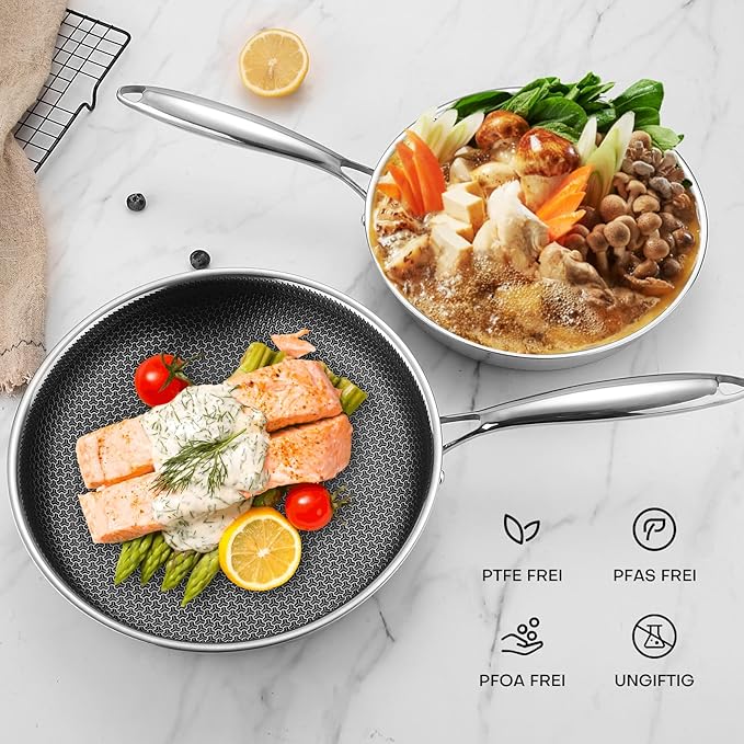 Lazycorner Non Stick Frying Pans Skillet with Lid, 10 Inch Stainless Steel Kitchen Cookware Pot, Non toxic Healthy Induction Compatible PFAS PTFE PFOA PFOS Free