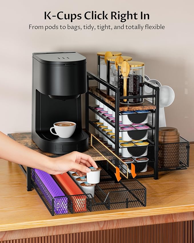 Coffee Bar Organizer - 90 K-Cup Capacity, 3 Hooks, Multi-Tier Storage for Pods, Mugs & Accessories, Tea Bags & Coffee Station Organizer, Space-Saving Kitchen Countertop K-Cup Holder