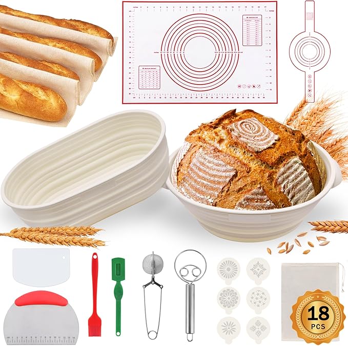 Aliggbent Silicone Banneton Bread Proofing Baskets, 10'' Oval & 9'' Round Foldable Sourdough Bread Baking Supplies 18Pcs Sourdough Starter Kit Easy-to-Clean Proofing Baskets for Sourdough Bread Baking