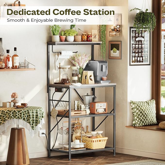 Huuger 4-Tier Bakers Rack with Reversible Power Outlet, 23.6 Inch Microwave Stand, Kitchen Coffee Bar, with Top Shelf, 6 S Hooks, Oak