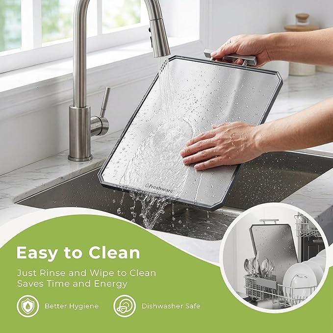 Freshware Titanium Cutting Board for Kitchen, Doble Sided and Non Slip Cutting Boards with Handle, Pure Titanium/PP, Chopping Board with Juice Grooves, Dishwasher Safe, Large 16.2" by 11"
