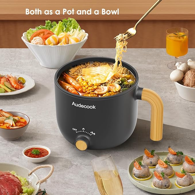 Audecook Hot Pot Electric with Steamer, 1.5L Portable Nonstick Rapid Noodles Cooker, Travel Electric Skillet with Dual Power Control for Pasta/Soup/Steak/Egg/Oatmeal(Black)