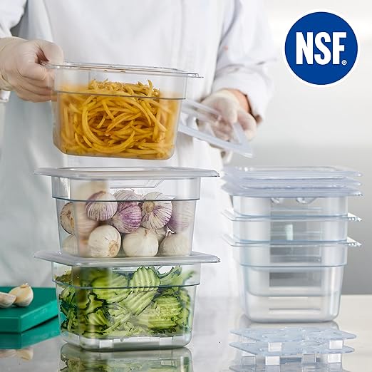 CURTA 6-Pack 1/6 Size 4" Deep NSF Polycarbonate Food Pans with Handled Lids & Drain Trays | Dishwasher & Freezer Safe Clear Container for Prep Tables, Buffet, Salad Bar, Commercial & Home Kitchen