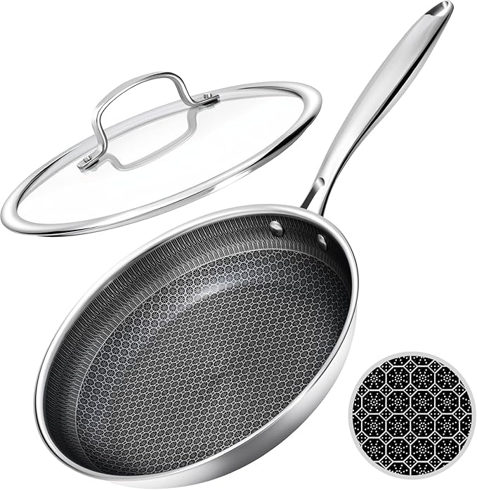 Nonstick Frying Pans with Lid,10-Inch Stainless Steel Skillet with Honeycomb Surface,Dishwasher-Friendly,Oven-Safe,Induction Compatible,PFAS-Free,Non-Toxic,Compatible with All Cooktops.