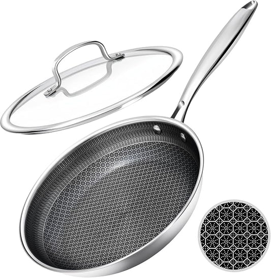 Nonstick Frying Pans with Lid,10-Inch Stainless Steel Skillet with Honeycomb Surface,Dishwasher-Friendly,Oven-Safe,Induction Compatible,PFAS-Free,Non-Toxic,Compatible with All Cooktops.