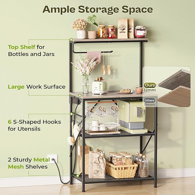 Huuger 4-Tier Bakers Rack with Reversible Power Outlet, 23.6 Inch Microwave Stand, Kitchen Coffee Bar, with Top Shelf, 6 S Hooks, Oak
