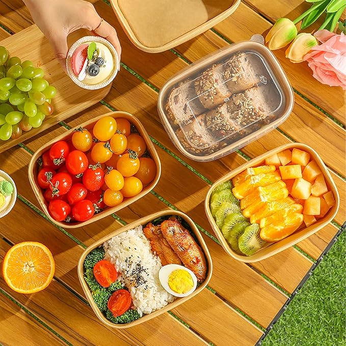 DI QIU REN 50-Pack 29oz Disposable Kraft Paper Bowls【with Lids and Forks】,Meal Prep Containers Disposable To go Food Containers Christmas Take Out Containers, Microwave Safe for Hot/Cold Food