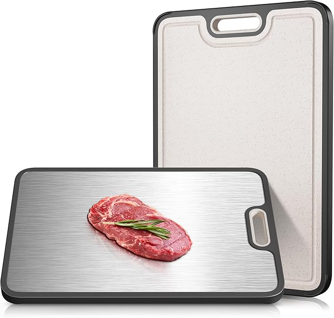 Double-Sided GR1 Titanium&Wheat Straw Cutting Board,15”*10“ Cutting Board for Kitchen, Non toxic Chopping Board for Meat & Vegetables, Non-Slip Silicone Edge, Juice Groove