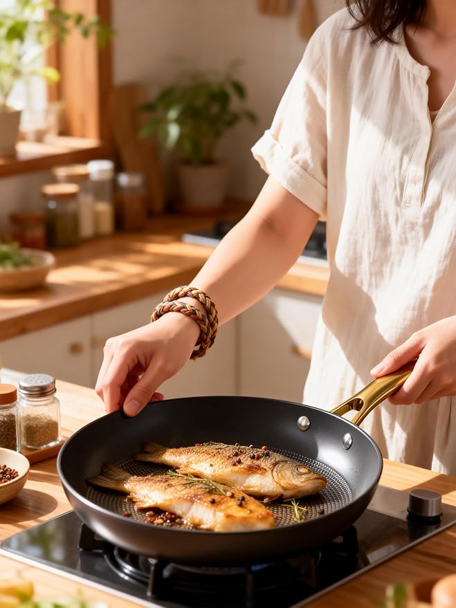 imarku Non Stick Frying Pans, 10 & 12 Inch Cast Iron Skillets with Honeycomb Surface, Oven Safe & Induction Compatible, Ergonomic Stay-Cool Handle, Gold
