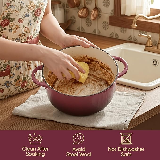 Vintage Style 6 Quart Dutch Oven Pot with Lid, Non Stick Enameled Cast Iron Dutch Oven for Bread Baking, Heavy-Duty, Oven Safe Ceramic Cookware Up to 500°F for Baking, Braising, Stews, Roasting, Rose
