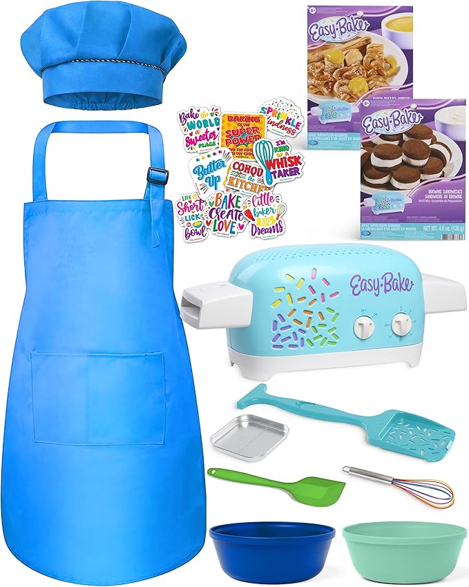 Ultimate Easy Baking Oven Bundle For Kids With 20 Items - Oven, 2 Refill Mixes, Apron, Hat, 2 Bowls, Spatula, Whisk, 9 Stickers, Baking Pan & Tool (Brave Blue Bundle)