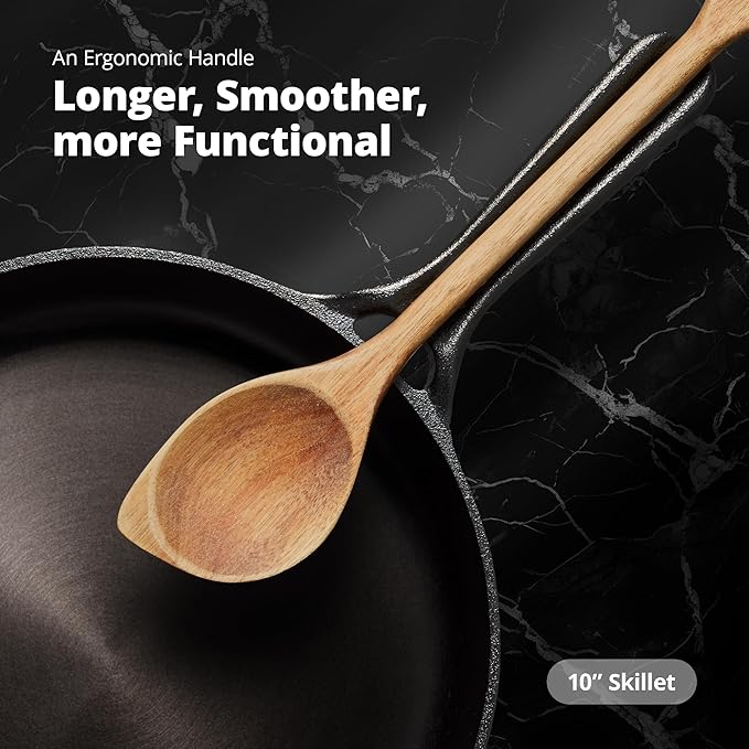 Greater Goods 10-Inch Cast Iron Skillet Frying Pan – Milled Smooth Cast Iron Cooking Surface, Organically Pre-Seasoned with Flaxseed Oil, Long Handle & Dual Pour Spouts for Better Control