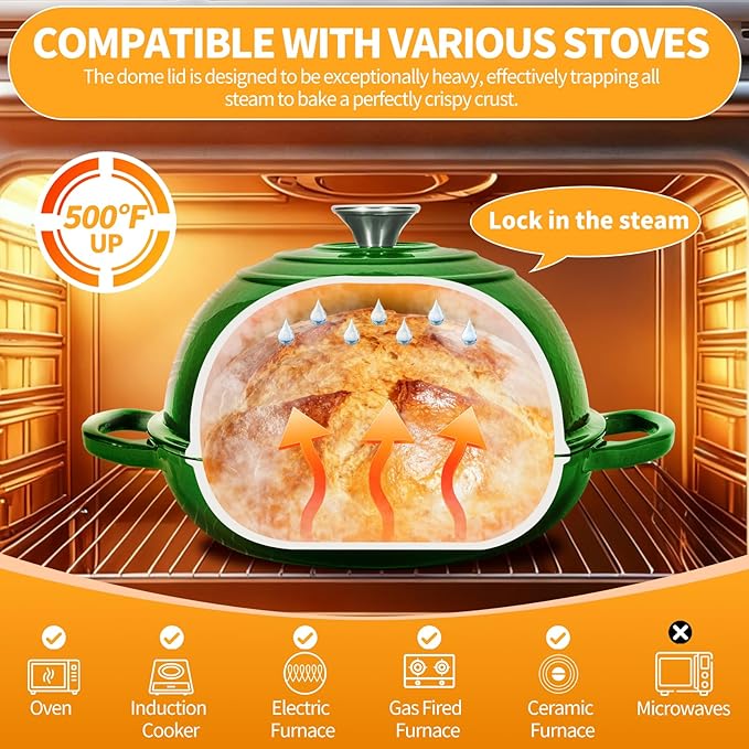 ONKO Dutch Oven For Sourdough Bread Baking, 6QT Enameled Cast Iron Dutch Oven Pot With Lid, Non-stick Sourdough Baking Pan with Bread Dome, Round Ceramic Dutch Ovens Pot with Cloche for Homemade
