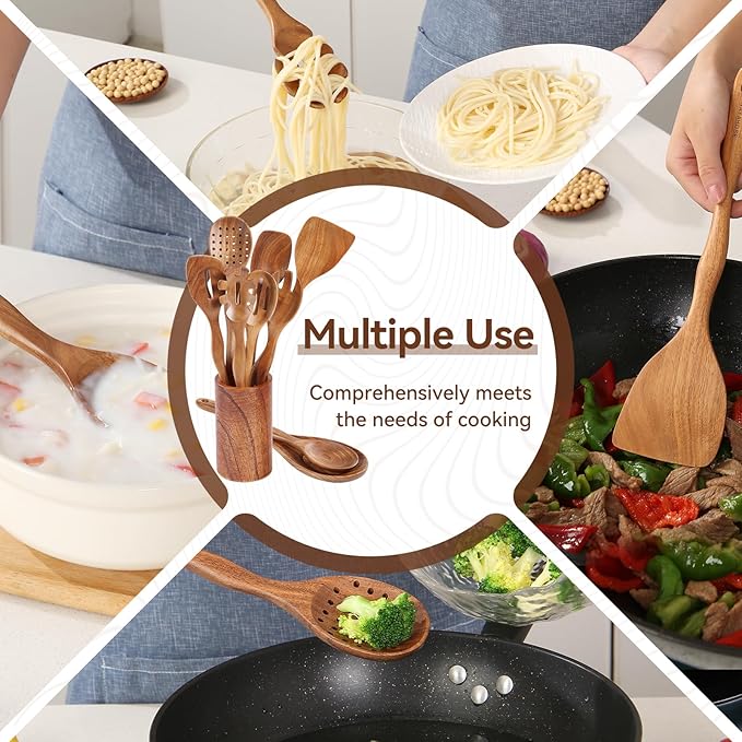 10Pcs Wooden Spoons for Cooking with Spoon Rest & Holder, 12inch Wooden Kitchen Utensil Set, Non stick, Non Scratch, Natural Teak Wooden Utensils for Cooking