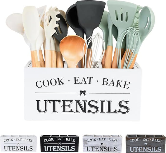 Utensil Holder,Large Wooden Utensil Holder For Kitchen Counter,Cooking Spatula Organizer,Big Storage Caddy With 3 Compartments Flatware Spoon Tool Cutlery (White)