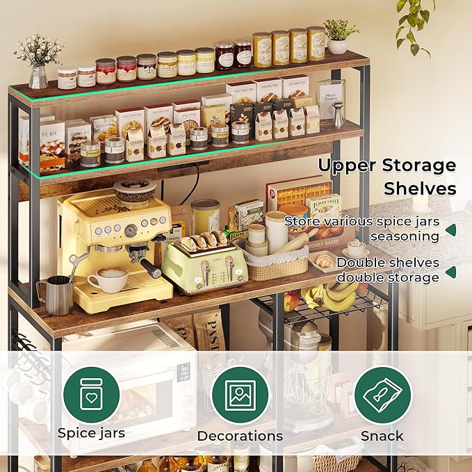 SUPERJARE Bakers Rack with Power Outlet, 47.2 Inches Coffee Bar with Wire Basket, Kitchen Microwave Stand with 6 S-Shaped Hooks, Open Storage Shelves, Rustic Brown