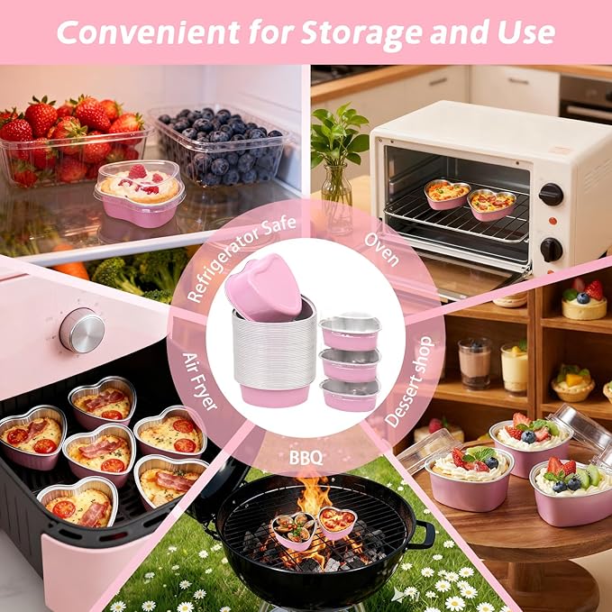 200 Pack 3.4 oz Pink Heart Shaped Mini Cake Pans with Lids, Disposable Aluminum Foil Pans for Valentine's Day Gifts, Cheesecake, Brownies & Romantic Parties