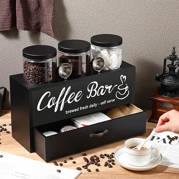 3 Pcs Coffee Canister Set with Shelf and Spoon Plastic Coffee Bean Storage Container with Lids Coffee Storage Box with Drawer Food Storage Jars for Coffee Bar Kitchen (Black)