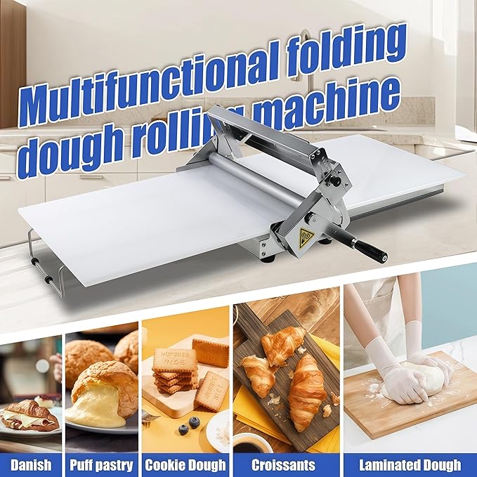 12in Manual Dough Sheeter, Stainless Steel Tabletop Dough Roller Machine, Adjustable Thickness Pastry Sheeter for Pizza, Croissant, Puff Pastry, Fondant and Home Baking