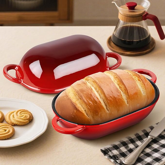 Homikit Enameled Cast Iron Dutch Oven for Bread Baking, 2.8 QT Oval Bread Oven Pot with Lid, 9.5 x 5.7 Inch Sourdough Loaf Baking Pan for Homemade Bread, Heavy Duty & Oven Safe, Red