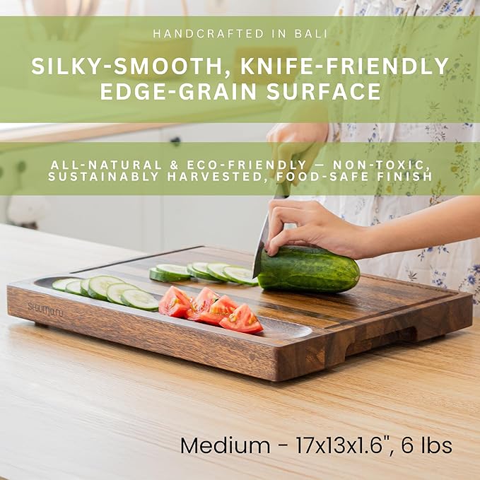 SHUMARU Tropical Walnut Wood Cutting Board – 17x13x1.6" Charcuterie | Handmade in Bali - Silky-Smooth, Juice Groove, Sorting Compartment, Knife‑Friendly, Ergonomic Grips & Non‑Slip Feet