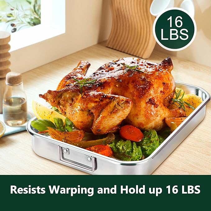 Stainless Steel Roasting Oven Pan: Roaster Pans With Rack & Handles 16.5 * 12.4 * 3 inches - Kitchen Baking Appliances for Turkey Chicken Beef - Kitchen Cookware Gifts for Women Homeowner
