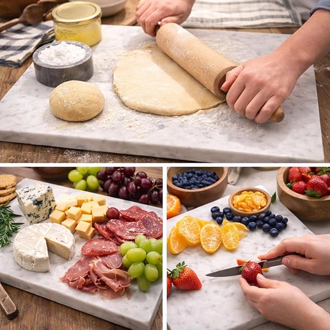 Marble Cheese and Pastry Board 16 x 12 Inch – Natural Carrara White Marble Cutting Board and Serving Tray for Dough, Bread, Pizza, Charcuterie – Heavy, Non-Slip, Gift-Ready.