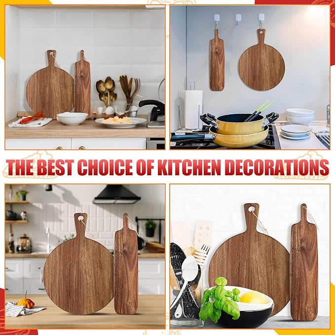 Hsei 2 Pcs Acacia Wood Cutting Board with Handle Wooden Charcuterie Board Large Paddle Carving Chopping Set Butter Serving Tray for Cheese Meat Fruit Bread (Classic Handle,16x12,19x4.7 Inch)