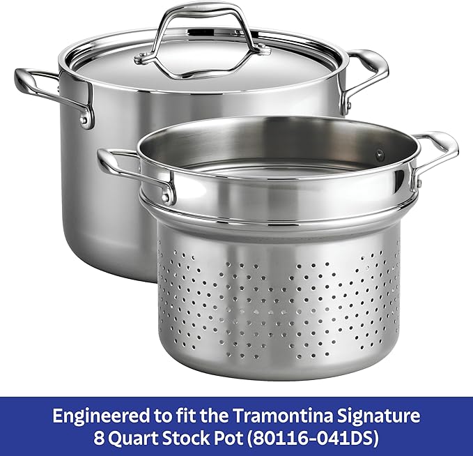 Tramontina Signature Stainless Steel Pasta Strainer Insert for Pot, Basket compatible with 8-Quart Stock Pot