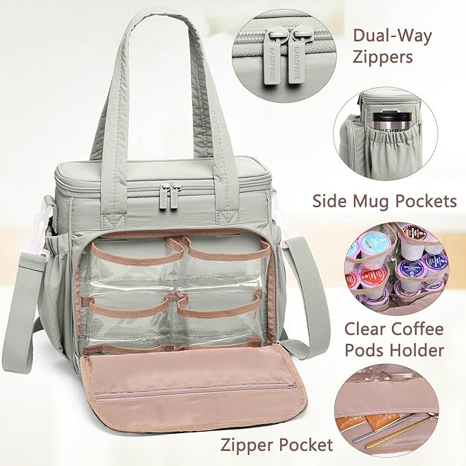 BAGSPRITE Coffee Maker Travel Bag Compatible with Keurig K-Mini Mate, Carrying Case for K-Cup Single Serve Coffee Maker, Portable Coffee Maker Case with Pod Organizer, Mug Pockets & Shoulder Strap