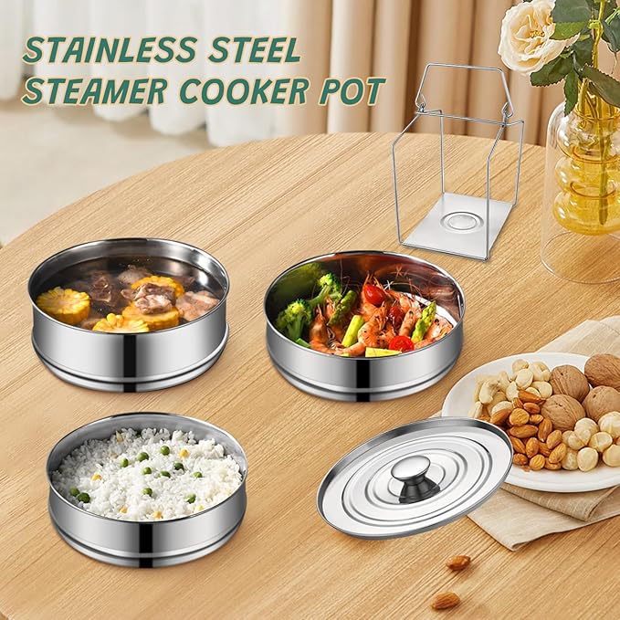 Stackable Stainless Steel Steamer Pots Set - 3 Tier Pans for 6QT Pressure Cookers, Dishwasher Safe Insert Cookware Instant Pot Accessories Stacking Pots for Steaming, Cooking, Serving