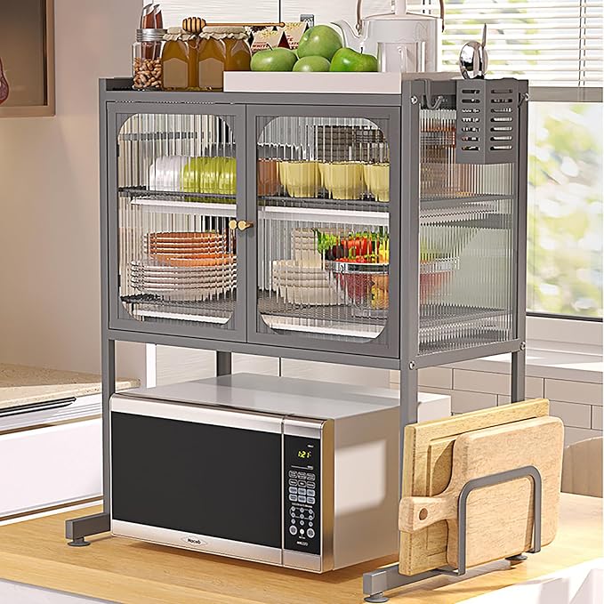 3 Tier Kitchen Countertop Microwave Oven Rack Dying Rack with Storage Cabinet Tableware Organizer Shelf with Draining Trays Knife/Chopping Board Holder Multifunctional Tableware Storage