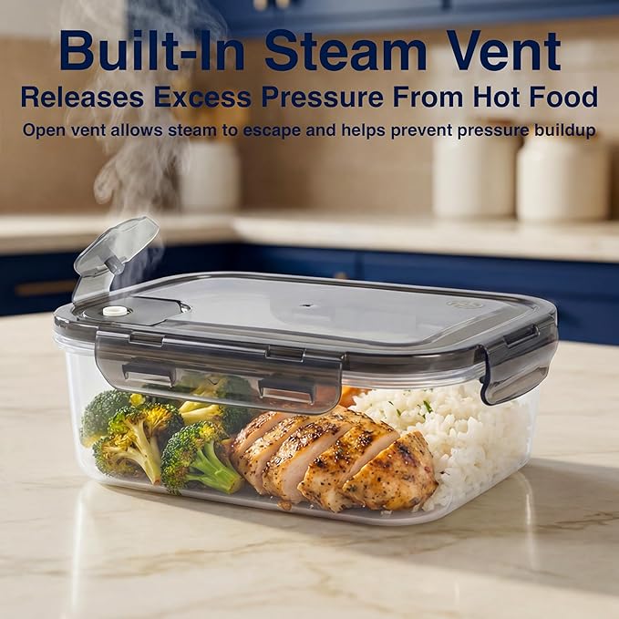 BPA-Free Plastic Airtight Food Storage Containers with Vented Lids, 4-Pack (5.9 Cups Each) for Meal Prep and Leftovers