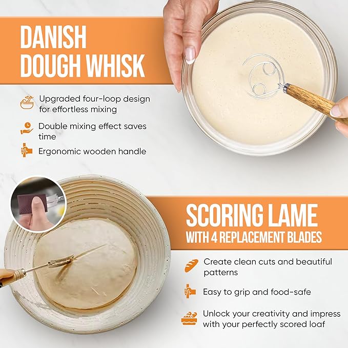 Banneton Bread Proofing Basket Set – Complete Sourdough Bread Baking Supplies – Sourdough Starter Kit – Sourdough Proofing Basket Gift for Bakers - Bread Baskets (9" Round & 10" Oval)