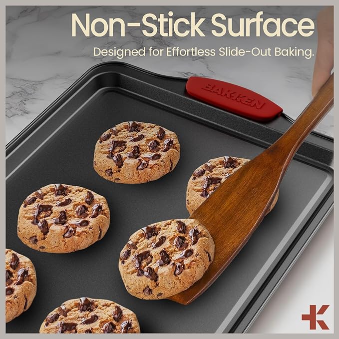 BAKKEN 8-Piece Kitchen Oven Baking Pans Set - Deluxe Nonstick Gray Marble Coating, Professional Grade Carbon Steel Bakeware with Silicone Handles - Oven, Dishwasher, and Freezer Safe