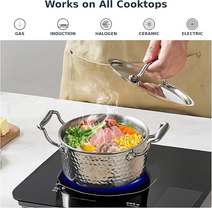 Tri-Ply Stainless Steel Stock Pot,1.8 Quart Sauce Pan with Lid, Induction Pasta Pot for Soup, Gravies & Oatmeal, Fast Even Heating, 18/8 Interior, Oven & Dishwasher Safe, Double Loop Handles