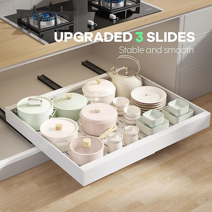 2 Pack Pull out Cabinet Organizer 21" Deep With Raising Pad for Framed Cabinets,Expandable (15.2"-26.3"W) Slide out Drawers for Kitchen Cabinets with 4pcs Divider Racks,Roll out Shelves,White