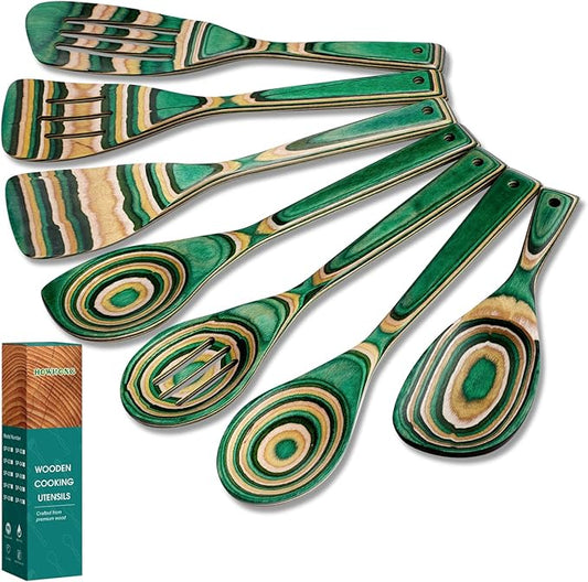 Wooden Spoons for Cooking, Pakkawood Kitchen Utensil Set Oasis Color, Premium Durable Wooden Utensils for Nonstick Cookware, Heat Resistant, Smooth Finish, Comfortable Grip, 7 Piece
