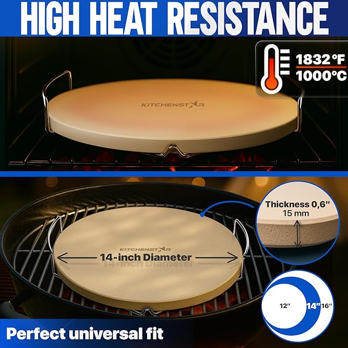 KitchenStar 14-inch Pizza Stone for Oven and BBQ Grill with Handles, Round, 5/8" Thick - Natural Cordierite, 1800 °F Resistant, Baking Stone Set with Stainless Steel Rack & Plastic Scraper Tool