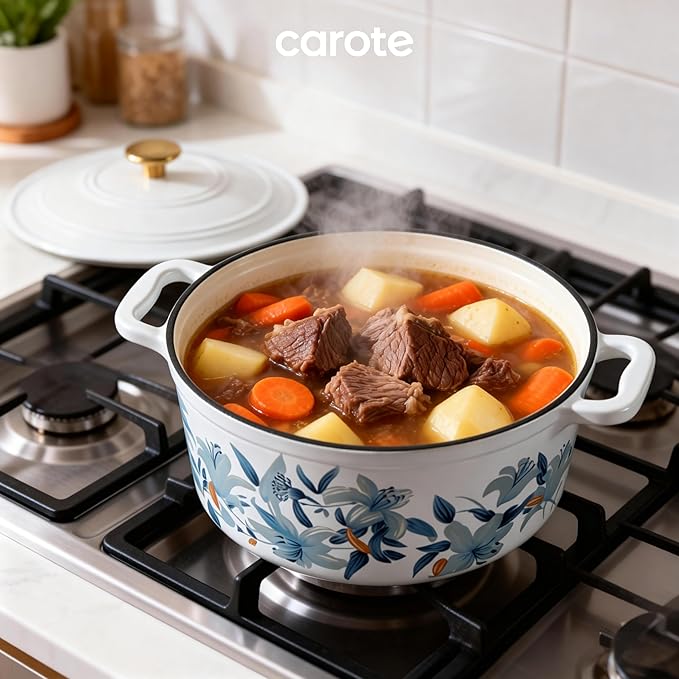 CAROTE 5 QT Cast Iron Dutch Oven Pot with Lid, Enameled Floral Dutch Ovens with Cotton Potholders & Oven Gloves, Gift Box, Cast Iron Pot for Sourdough Bread Baking, Braising, Stews, Roasting, Dual Handles, All Stovetop Compatible, Oven Safe up to 500° ...