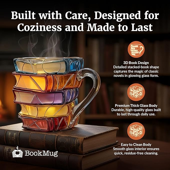 Chapter Book Mug Glass 3D Book Mugs Birthday Gift For Women Stained Glass Cups with Stack Design, Artistic Reading Coffee Cup, Unique Literary Friendship Gifts for Women, Friends & Readers