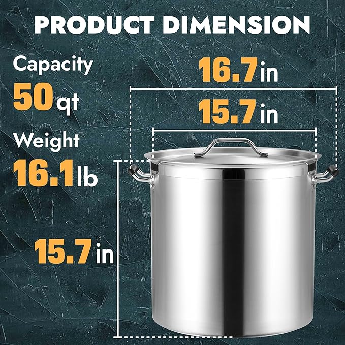 CURTA 50 Quart Large Stock Pot with Lid - Bottom Width 15.7 Inches - NSF Listed 3-Ply Clad Base 18/8 Stainless Steel Commercial Induction Ready Cookware